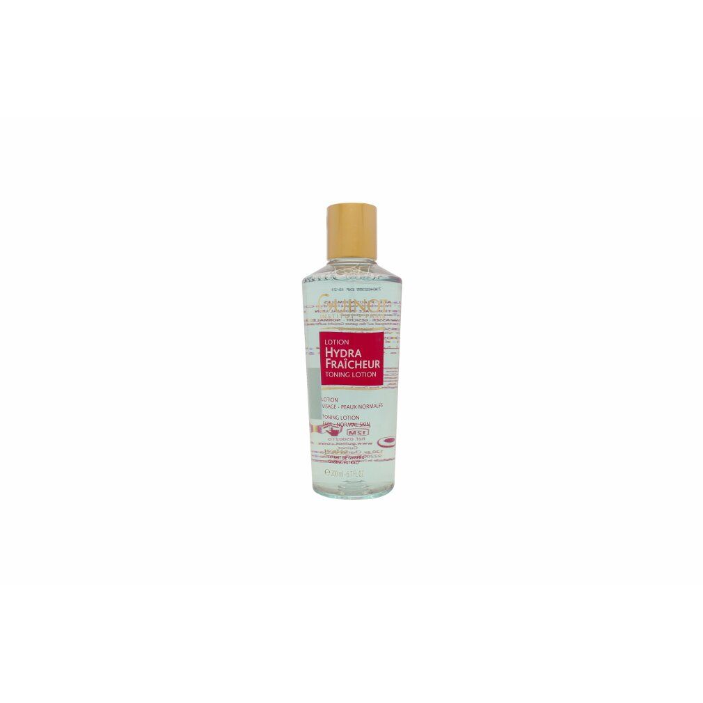 Guinot Lotion Hydra Fraicheur. Flasche mit goldfarbenem Deckel. Rotes Etikett mit Produktbezeichnung. Klare Flüssigkeit sichtbar.