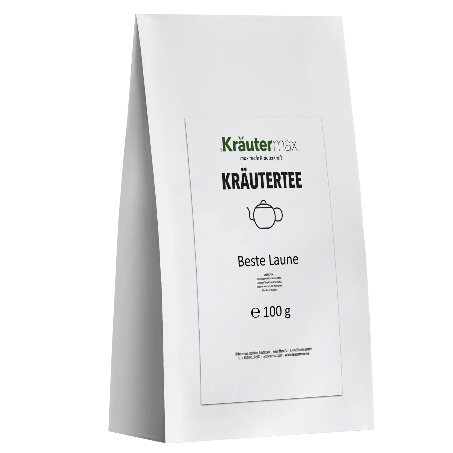 Weiße Verpackung Kräutertee, Aufschrift: Kräutertee, Beste Laune, e 100 g. Logo und Text.