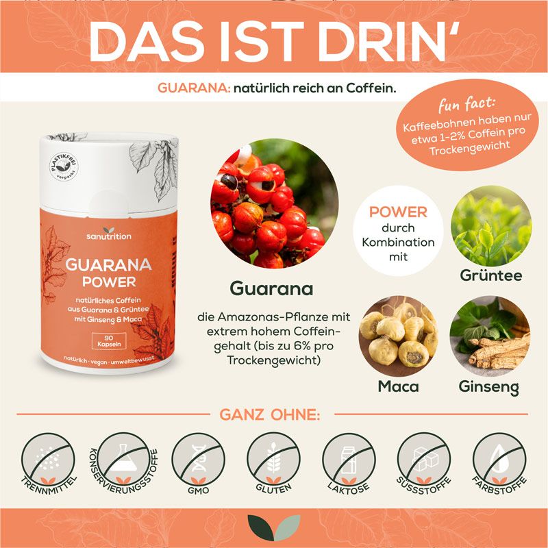 Infografik mit Produkt und Inhaltsstoffen. "Guarana Power"-Dose, Guarana-Beeren, Kräuter. Ohne Konservierungsstoffe, etc.
