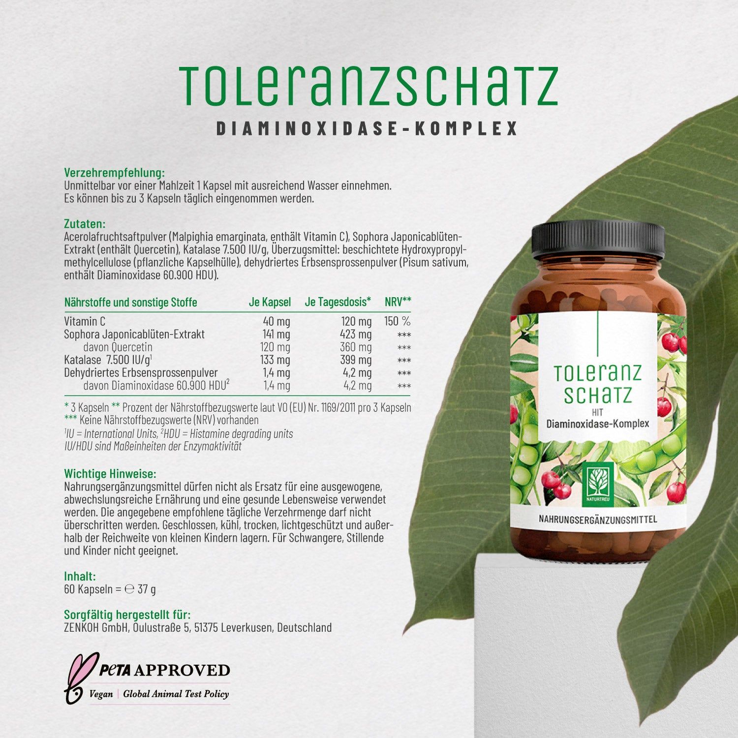 Braune Pillendose TOLERANZSCHATZ mit rotem Deckel. Inhaltsstoffe, Dosierung, PETA-Logo.