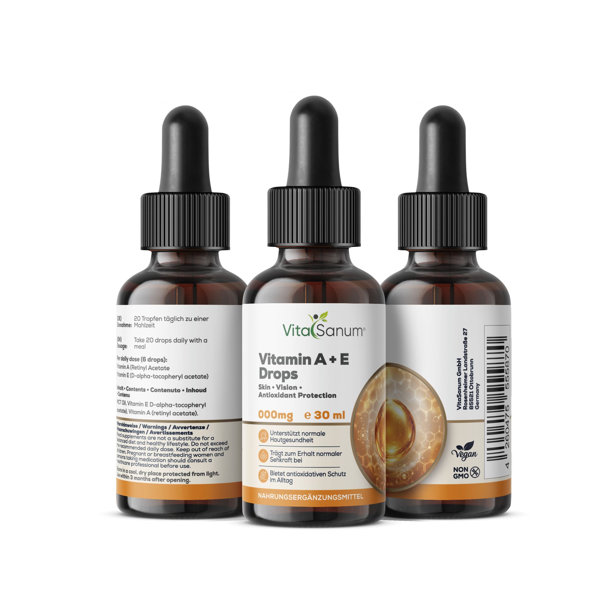 Drei Flaschen VitaSanum Vitamin A+E Tropfen mit Pipettenverschluss. Jede Flasche enthält 30 ml.