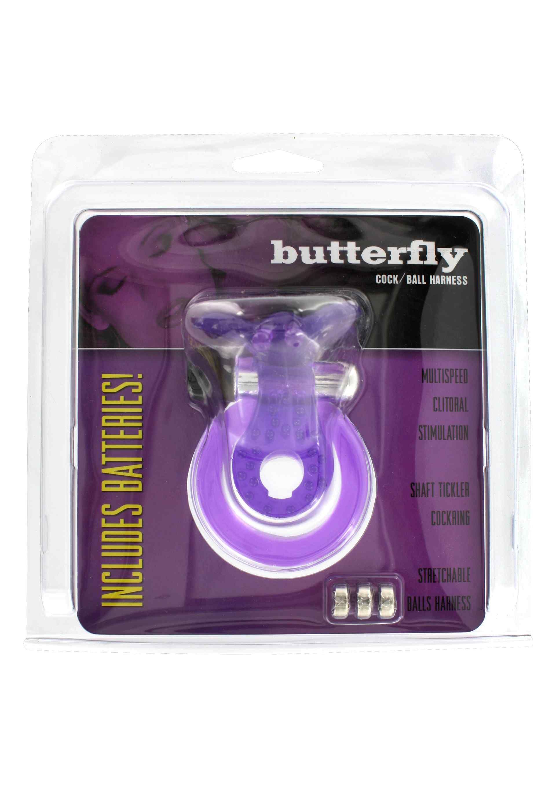 Lila Cock & Ball Ring Butterfly in Blisterverpackung. Enthält Batterien. Text: Butterfly, Cock/Ball Harness, Multispeed, Clitoral Stimulation.