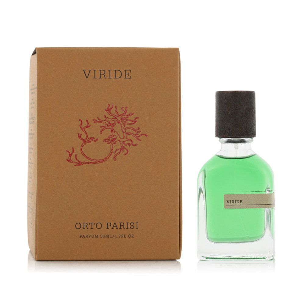 Parfümflakon und Verpackung. Flakon mit grünem Inhalt, Aufschrift "VIRIDE". Verpackung mit Logo und Text.