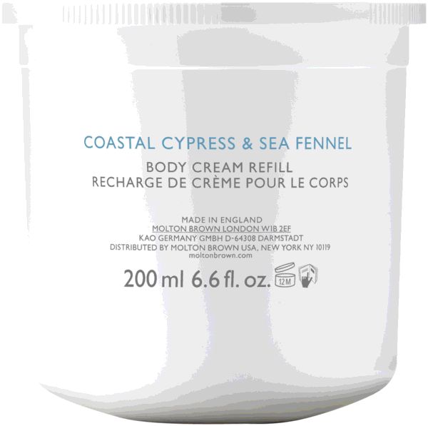 Weißer Behälter mit Aufschrift: Coastal Cypress & Sea Fennel, Body Cream Refill, 200 ml. Mit Schraubverschluss.