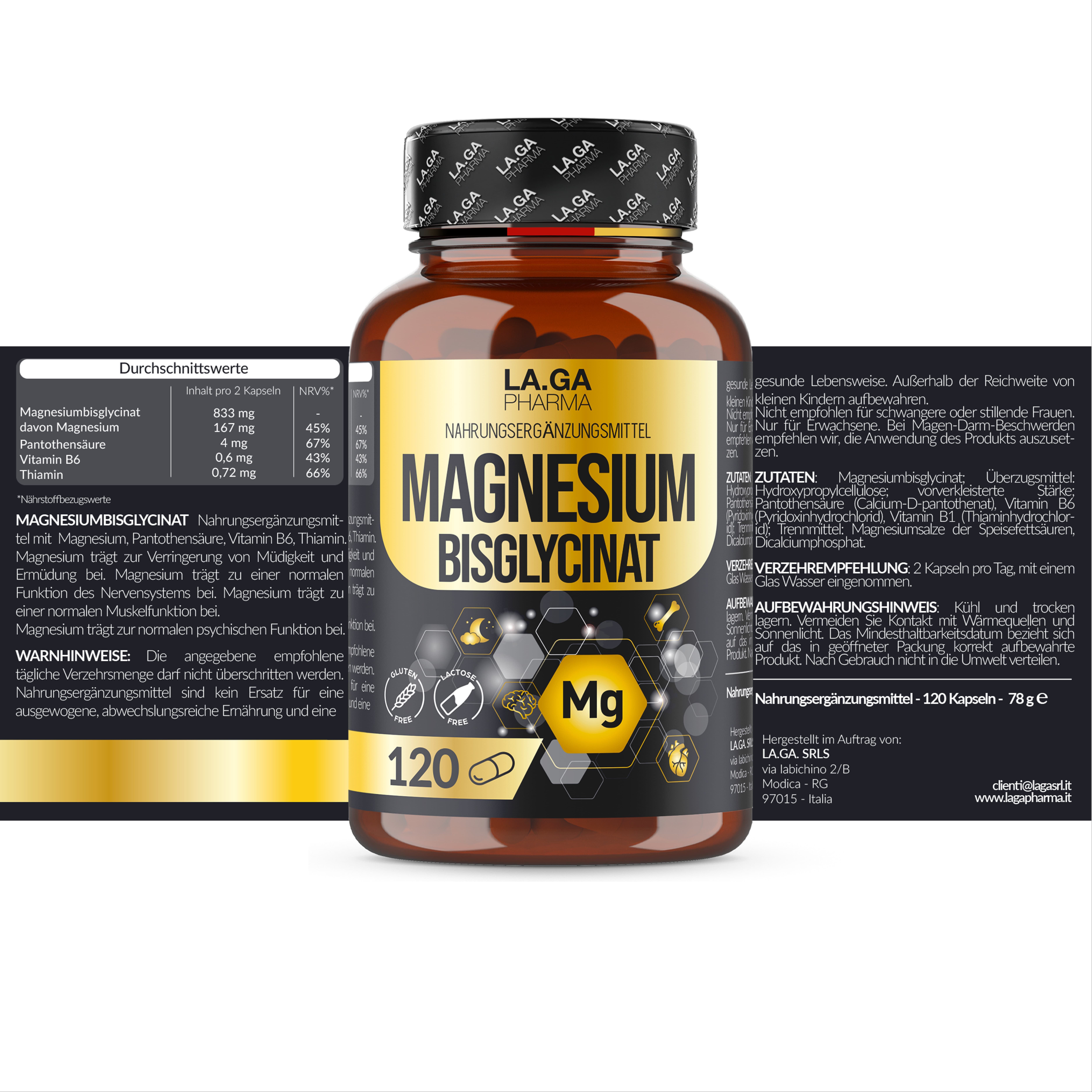 Magnesiumbisglycinat Komplex + Vit B5, B6, B1 – 120 Kapseln – Hochdosiert & Vegan – Stress – LA.GA