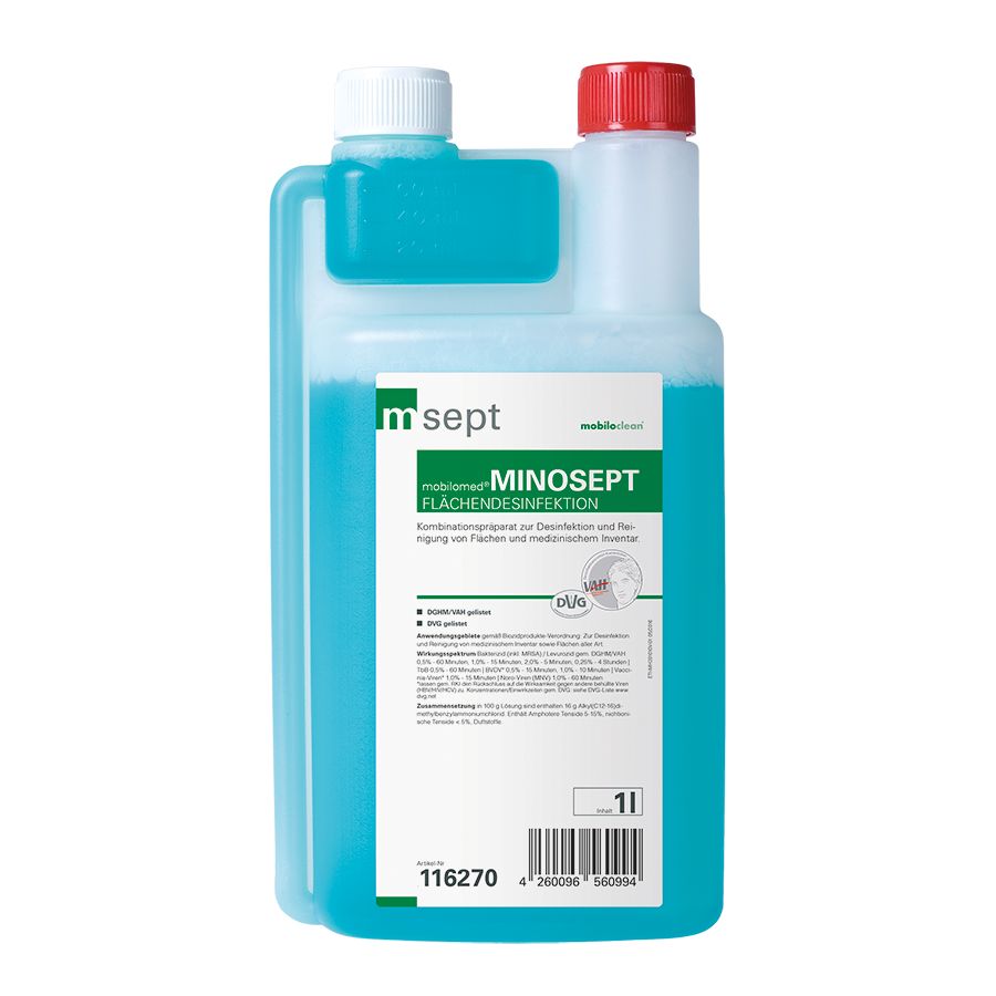 Flüssigkeit in einer rechteckigen Flasche mit zwei Ausgüssen. Aufschrift: mobilomed MINOSEPT. Etikett mit Produktinformationen und Logo.