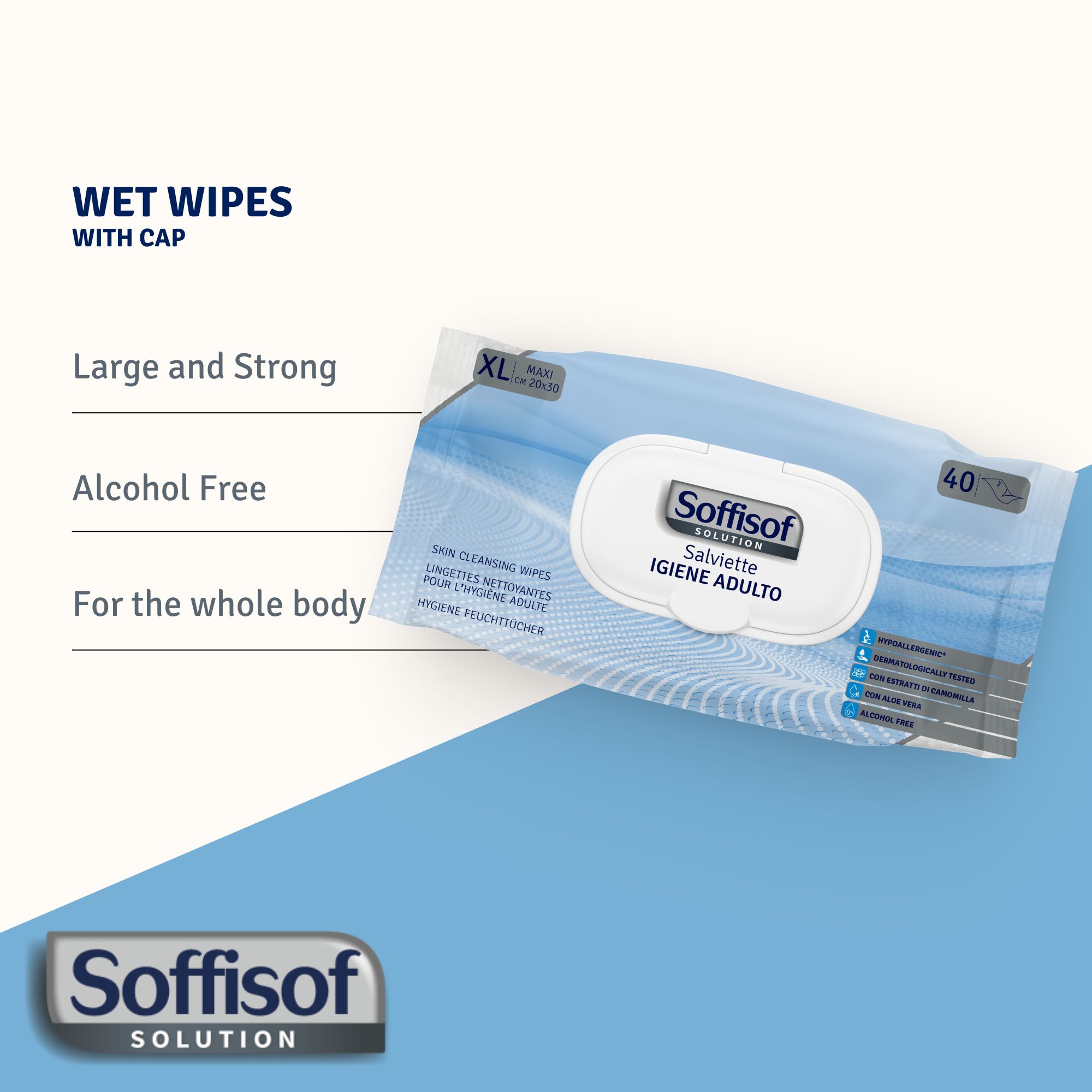 Blauwe verpakking vochtige doekjes voor senioren. Opschrift: Soffisof, Igiené Adulto. XL-formaat, 40 doekjes. Zonder alcohol.