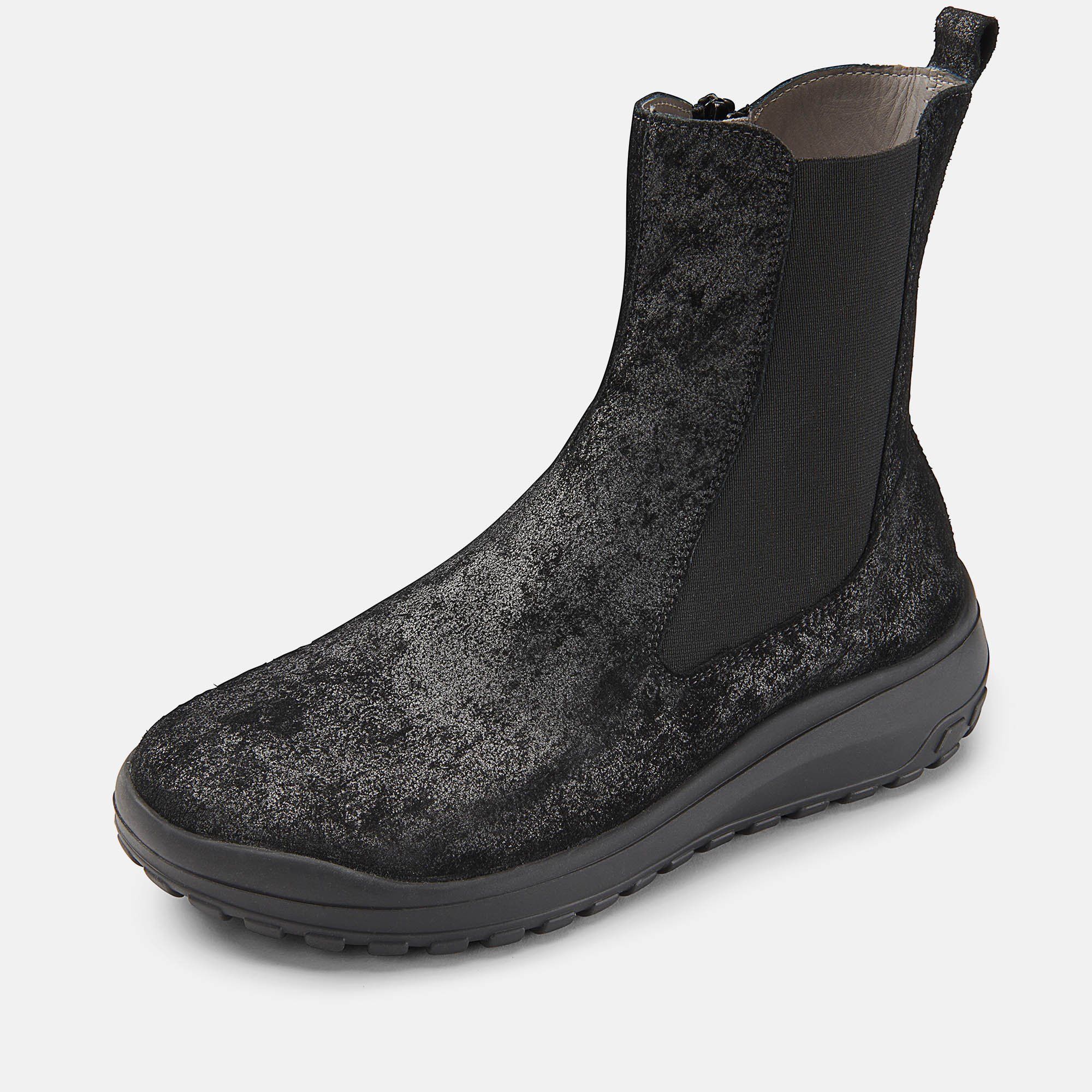 Schwarze Stiefelette mit breiter Passform. Seitlicher Gummizug, Reißverschluss und robuste Sohle. Glänzendes Obermaterial.