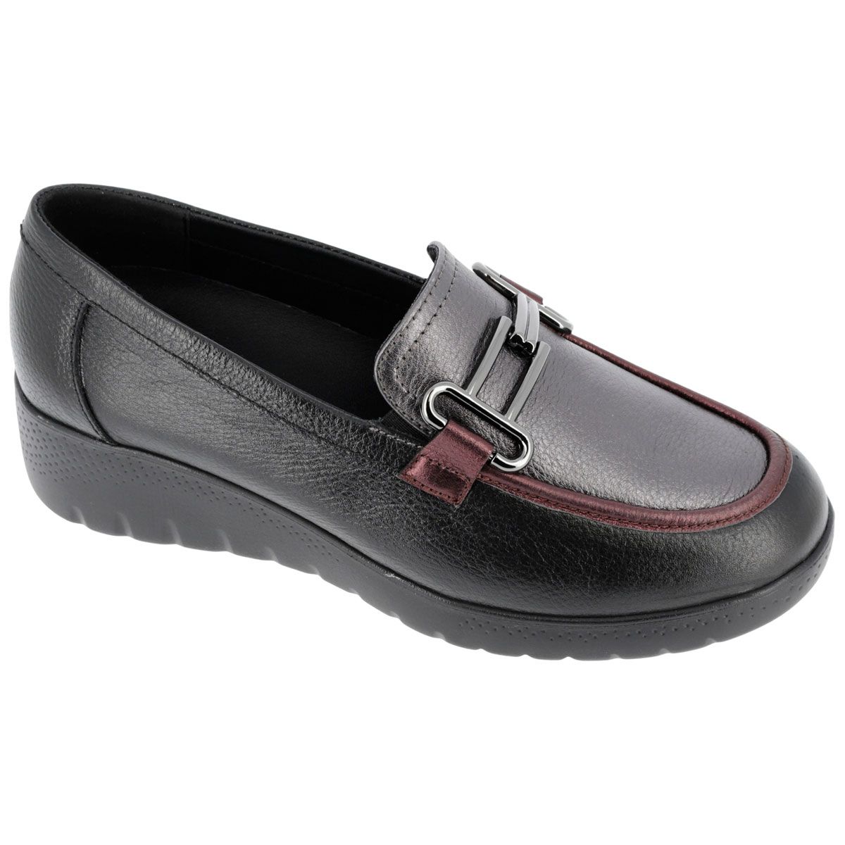 Hergos H8520 - Mocassino donna Comfort in pelle nera con morsetto metallico e plantare estraibile