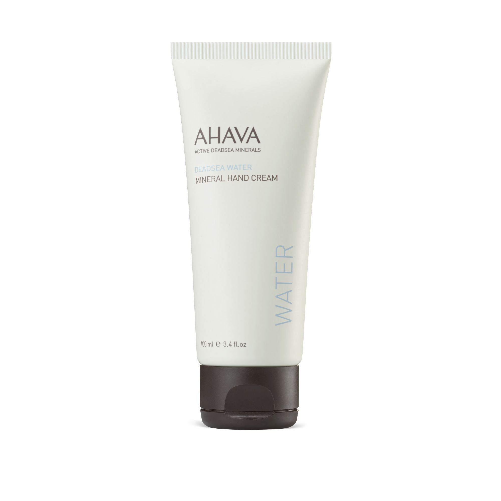 Creme-Tube, weiß, mit braunem Verschluss. Aufschrift: AHAVA, Mineral Hand Cream. Auf der Seite: WATER.
