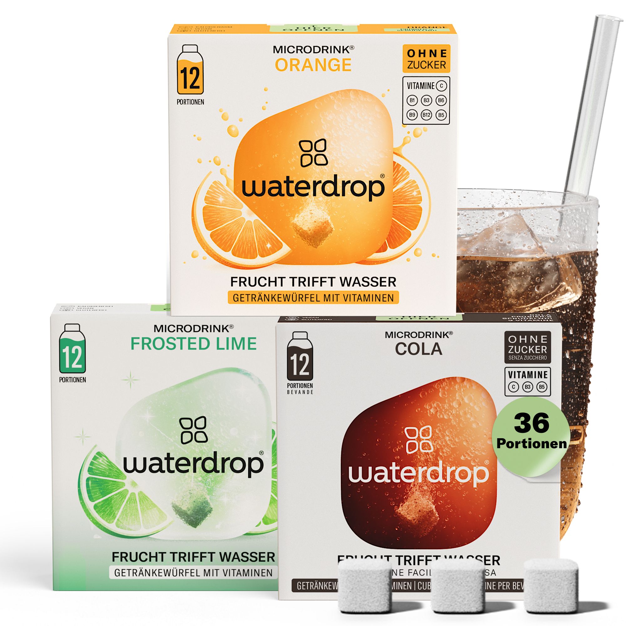 Drei Produktverpackungen mit Würfeln und Getränk. Sorten: Orange, Cola, Limette. Mit Vitaminen, zuckerfrei. Glas mit Getränk und Strohhalm.