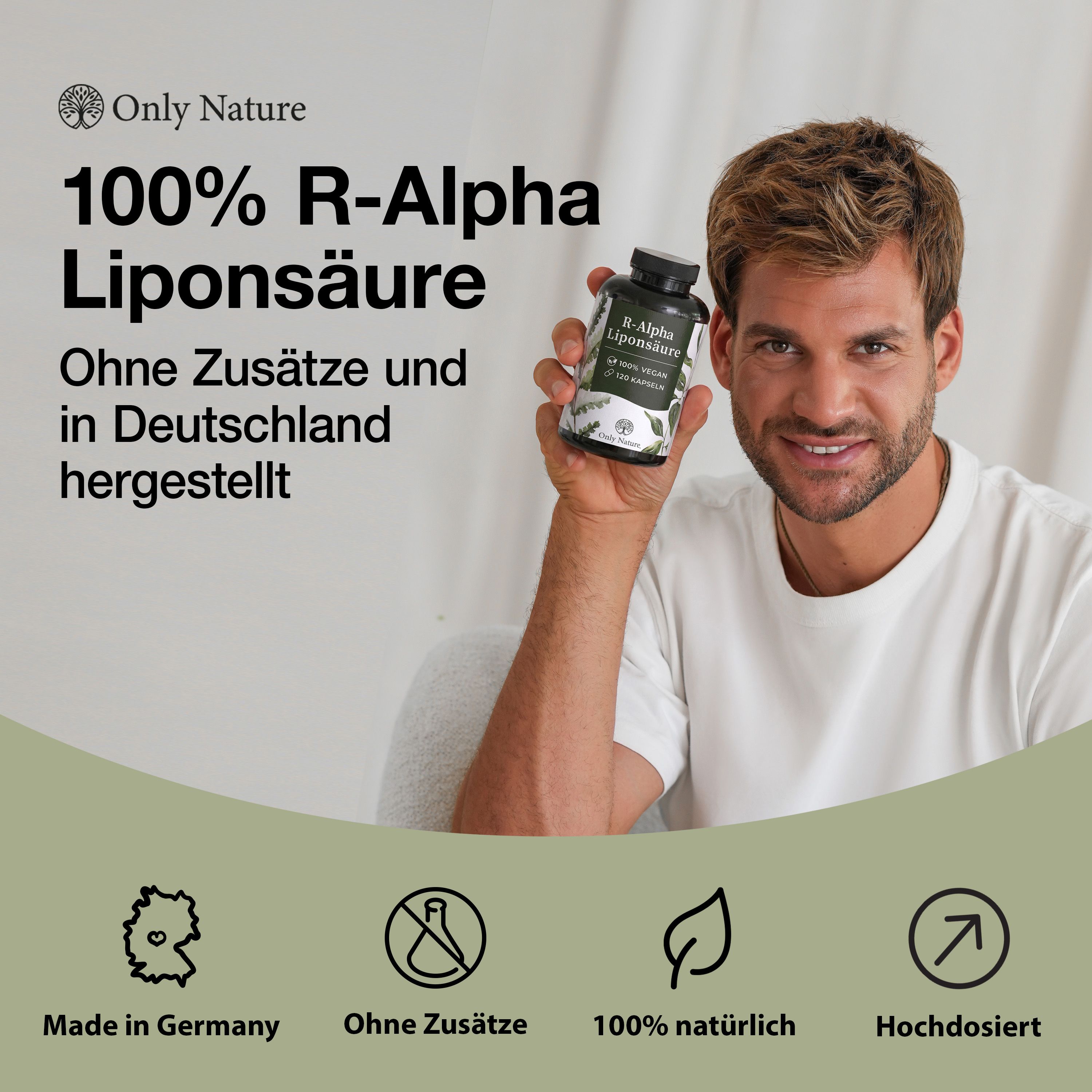 Mann hält Flasche R-Alpha-Liponsäure. Hergestellt in Deutschland, ohne Zusätze.