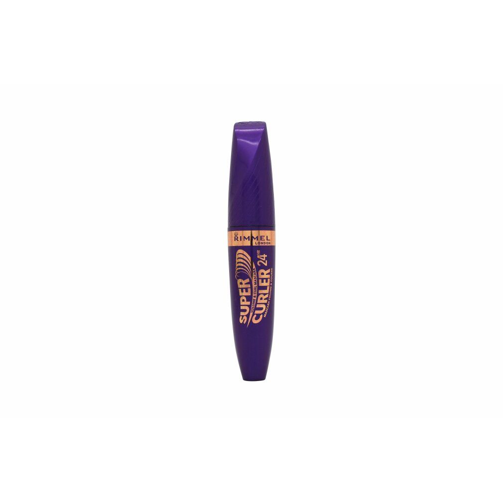 Lila Mascarabehälter. Aufschrift: Super Curler 24. Marke: Rimmel London. Goldfarbene Schrift. Schwarze Kappe.