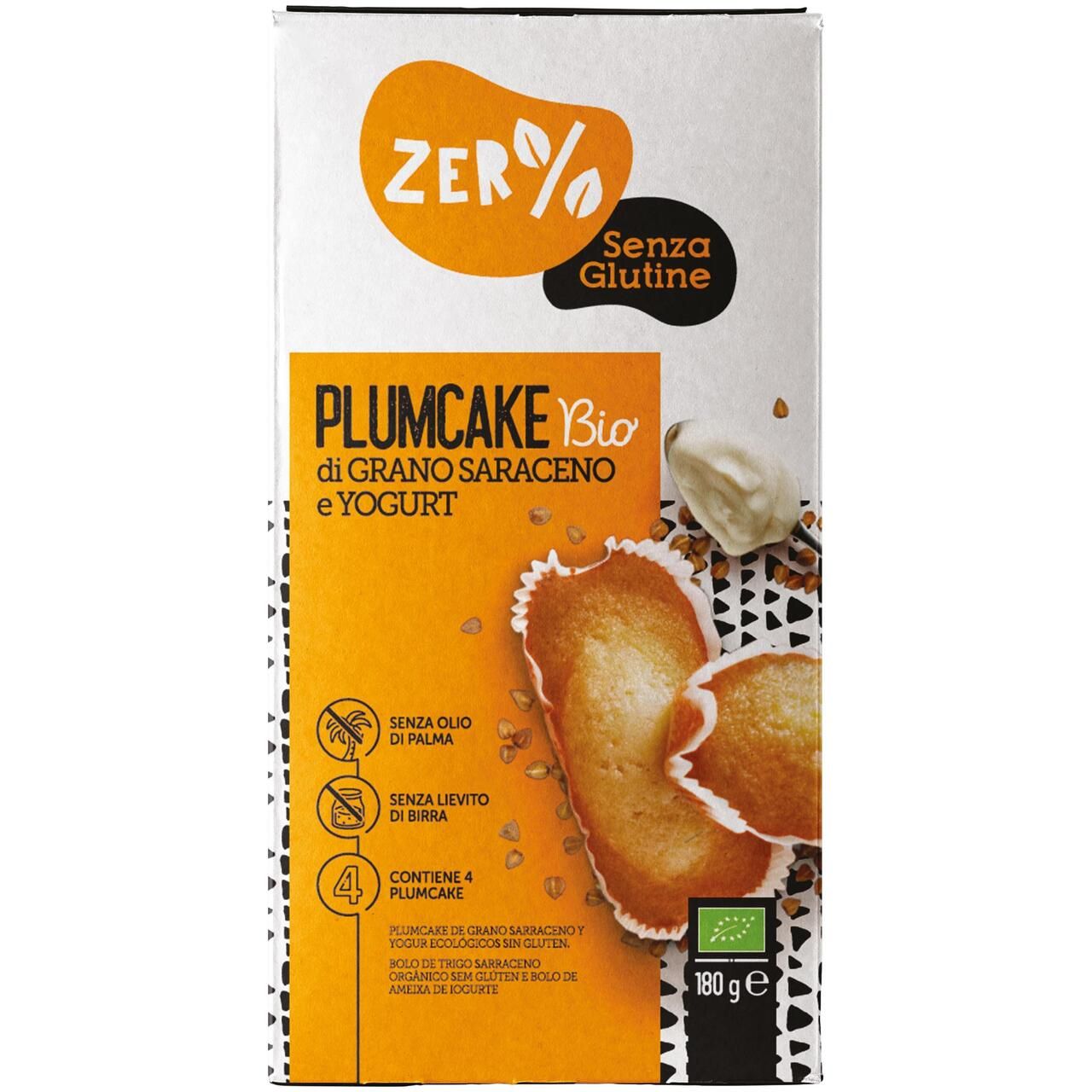 Confezione di Plumcake di grano saraceno e yogurt. Scritta: Senza Glutine, Bio. Contiene 4 pezzi. 180g.