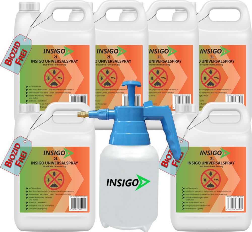 Mehrere weiße Behälter mit Griffen und ein Sprühgerät. Auf den Behältern steht INSIGO Universal Insektenspray. Biozidfrei-Etikett.