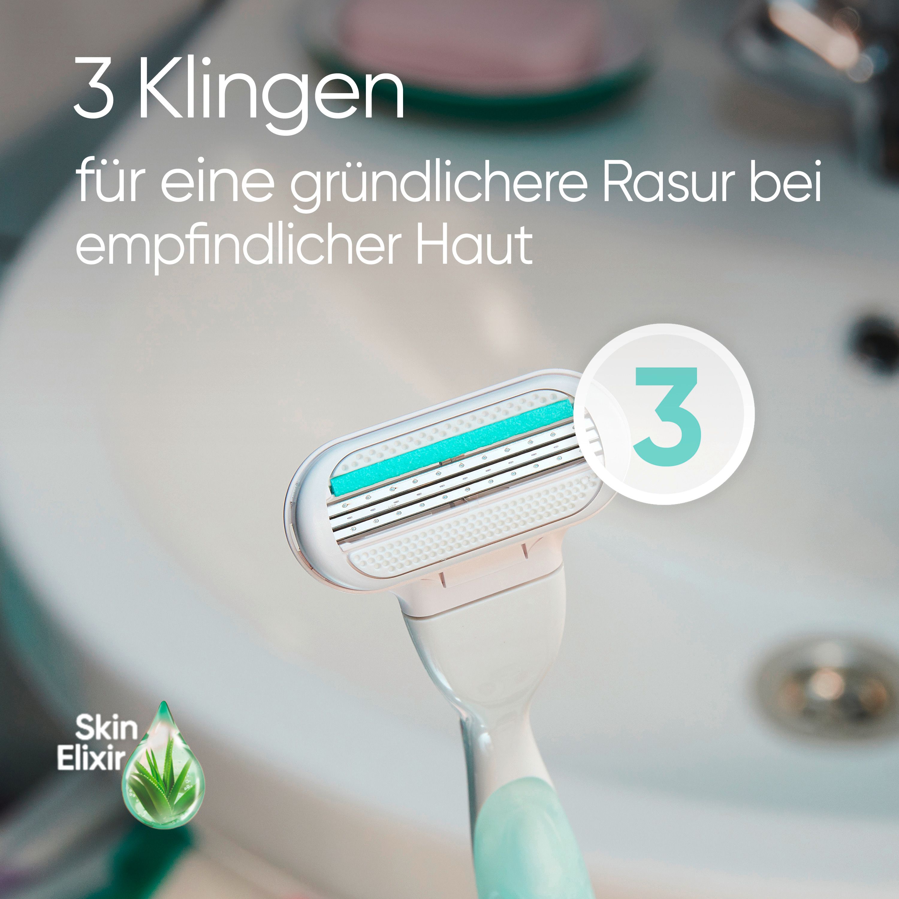 Rasierklinge mit 3 Klingen. Text: 3 Klingen für eine gründlichere Rasur bei empfindlicher Haut. Rasierer in Weiß und Türkis.