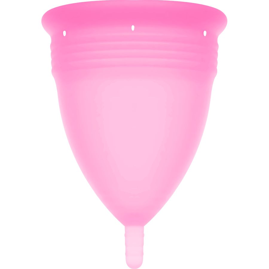 Rosa Menstruationstasse aus Silikon. Konische Form mit abgerundeter Basis und Stiel. Oben mit Löchern und Rillen.