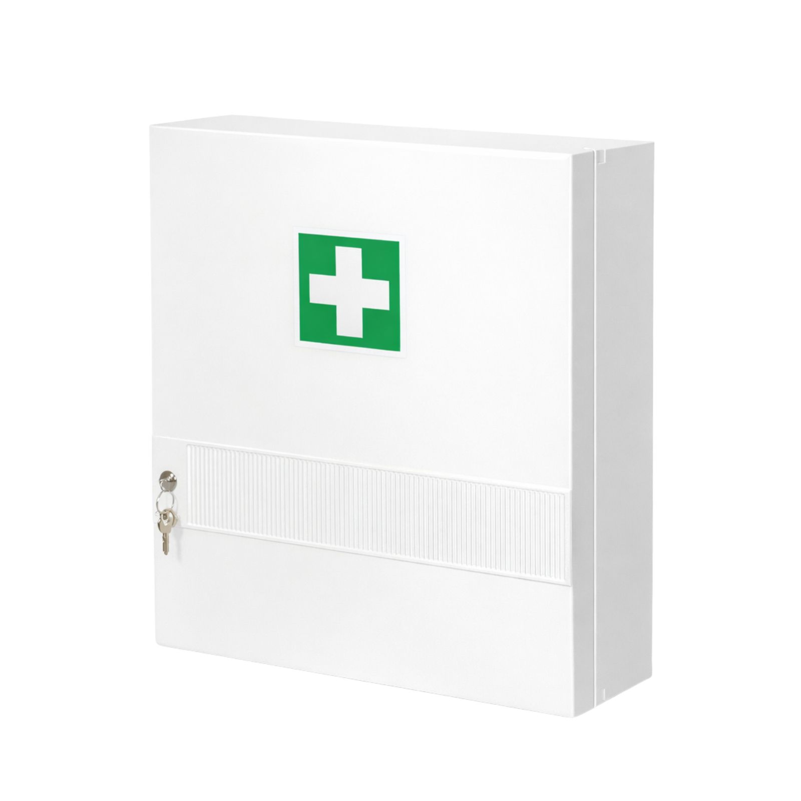 Weißer Verbandschrank mit grünem Kreuz und Schloss. Vertikale Rillen unter dem Kreuz. Rechteckige Form.