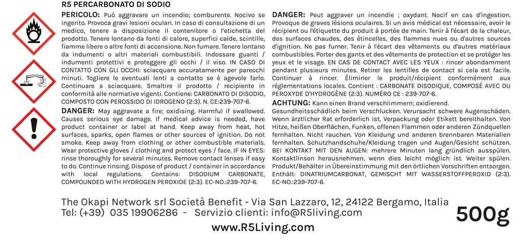 R5 Percarbonato di Sodio, 500g. Braune Verpackung mit Warnhinweisen und Text. Weißer Hintergrund.