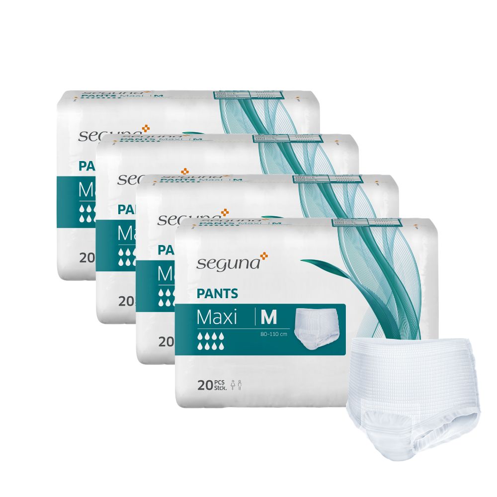 Vier Packungen SEGUNA Pants Maxi M. Einzelne Pants daneben. Verpackung mit Produktnamen und Logo.