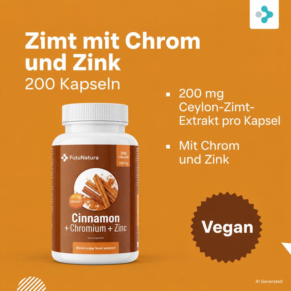 Flasche Zimt mit Chrom und Zink, Zimtstangen und Pulver. 200 Kapseln.