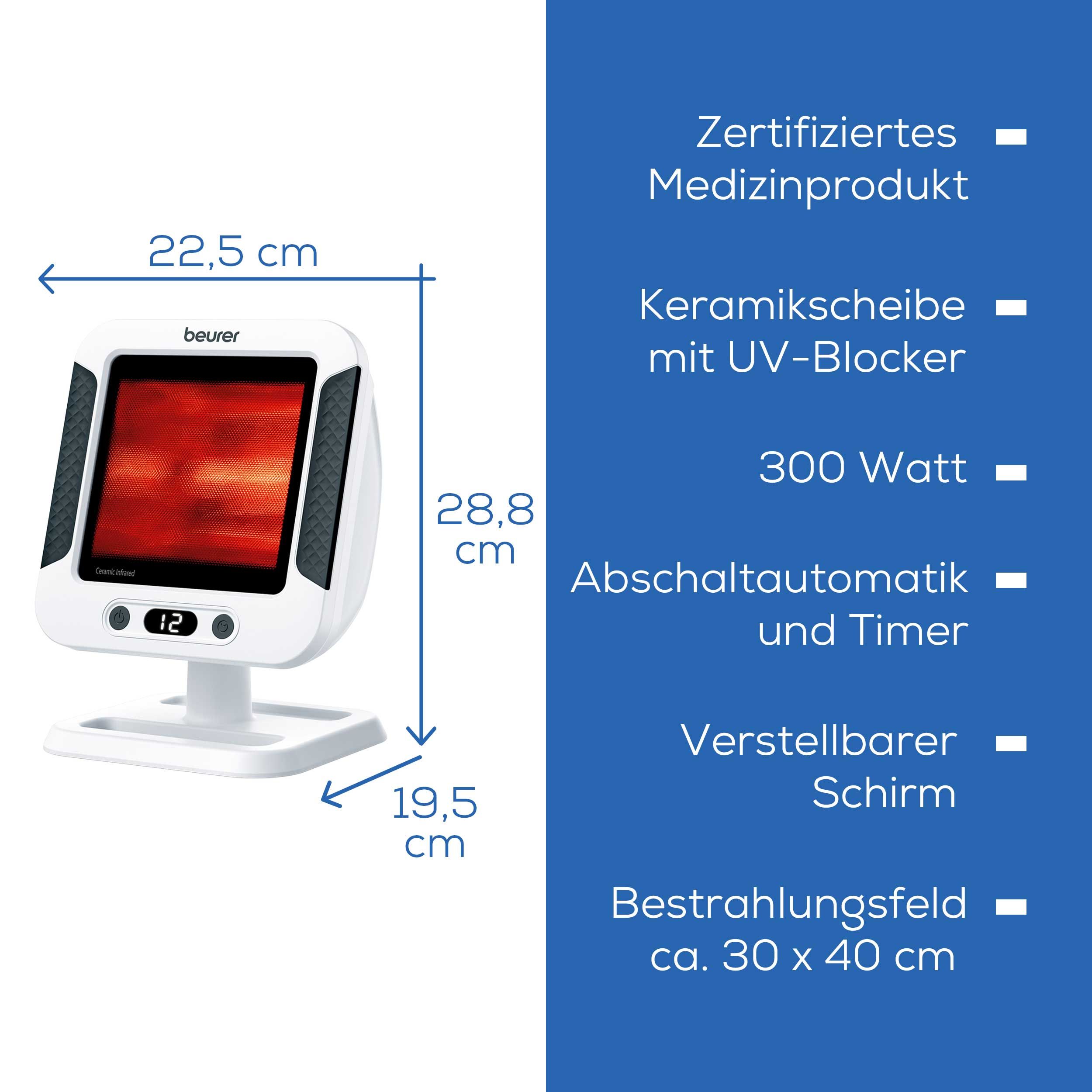 Infrarotlampe mit Maßen. Text: Zertifiziertes Medizinprodukt, Keramikscheibe mit UV-Blocker, 300 Watt, Timer, verstellbarer Schirm.