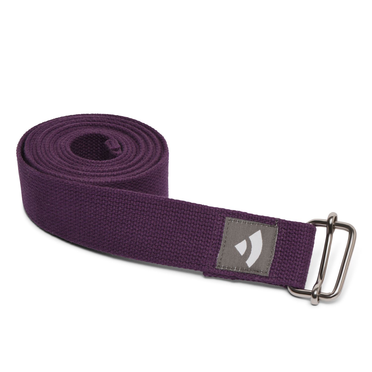 Lila Yogagurt Asana Belt, gerollt. Stoffband mit Metallschnalle. Marke bodhi. Graues Logo-Etikett.