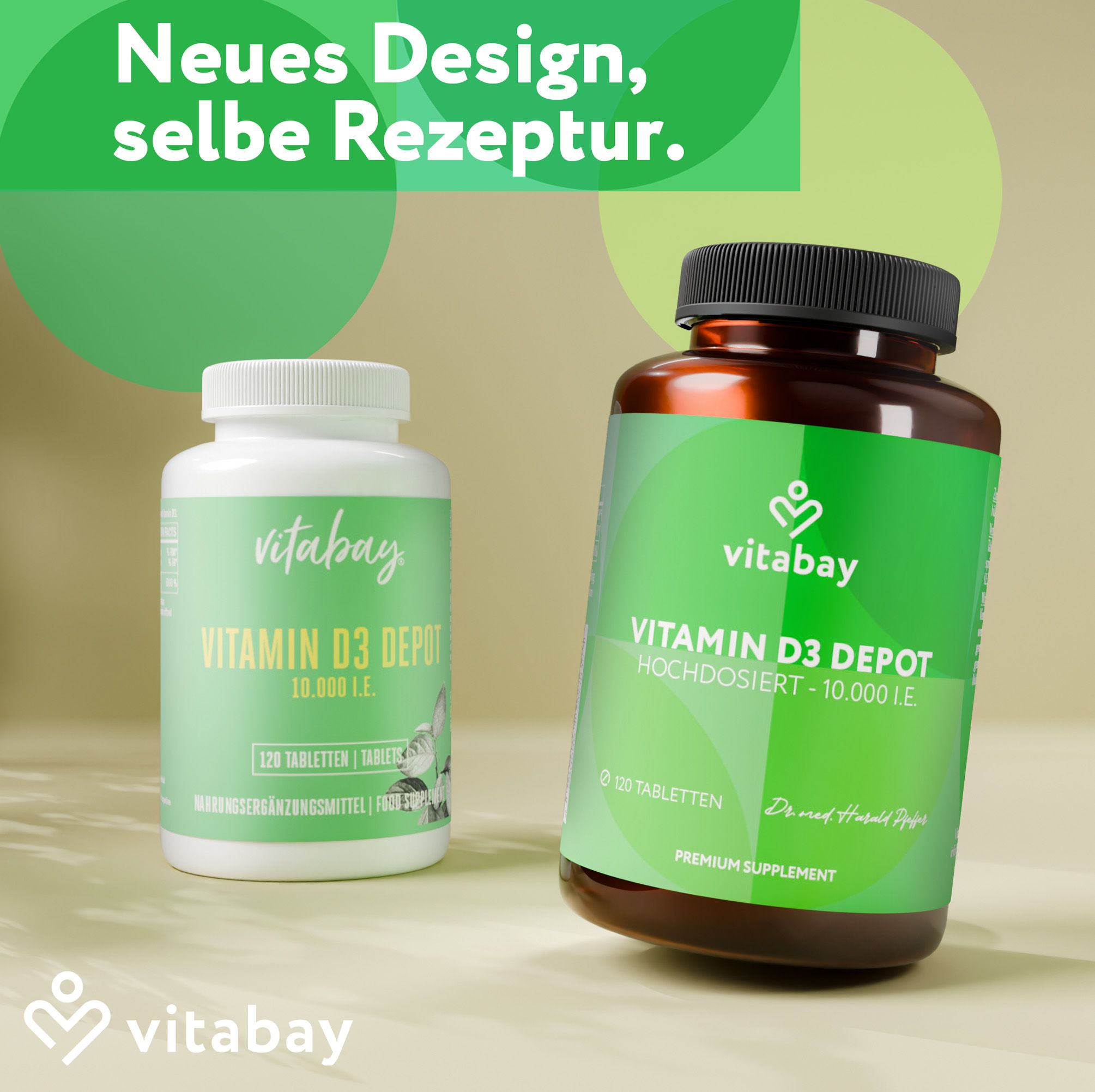 Zwei Flaschen. Eine weiße und eine braune. Aufschrift: Vitamin D3 Depot 10.000 I.E. Marke: Vitabay. Text: Neues Design, selbe Rezeptur.