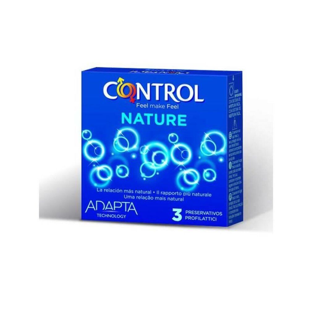 Packung Control Nature Kondome, 3 Stück. Vorderseite der blauen Verpackung mit Logo und Produktnamen.