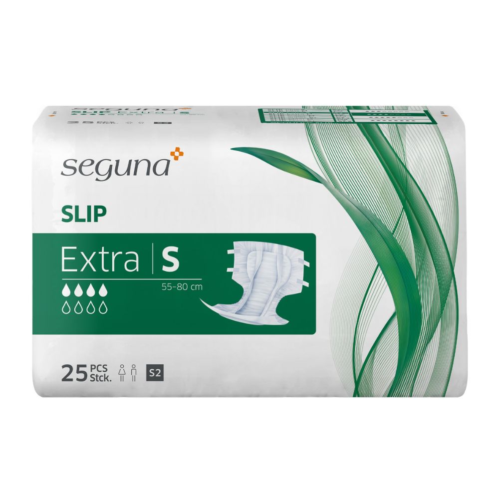 Verpackung von SEGUNA Slip Extra S. Weiß mit grünen Akzenten. Aufschrift: SEGUNA, SLIP, Extra S, 55-80 cm, 25 Stück.