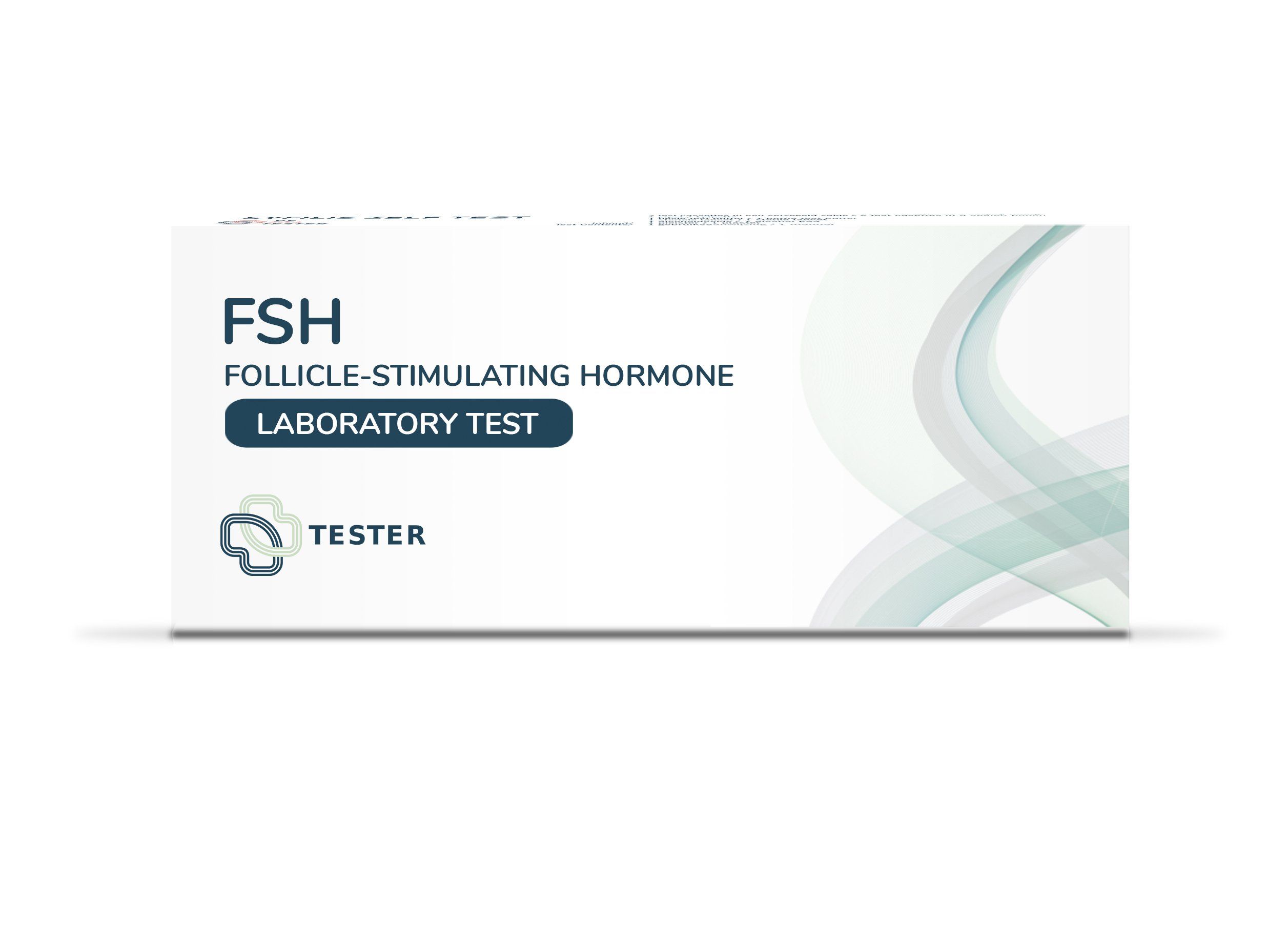 Verpackung des FSH-Tests. Aufschrift: FSH, Follikel-stimulierendes Hormon, Labortest. Marke: Tester. Weiß mit blau-grünen Wellen.