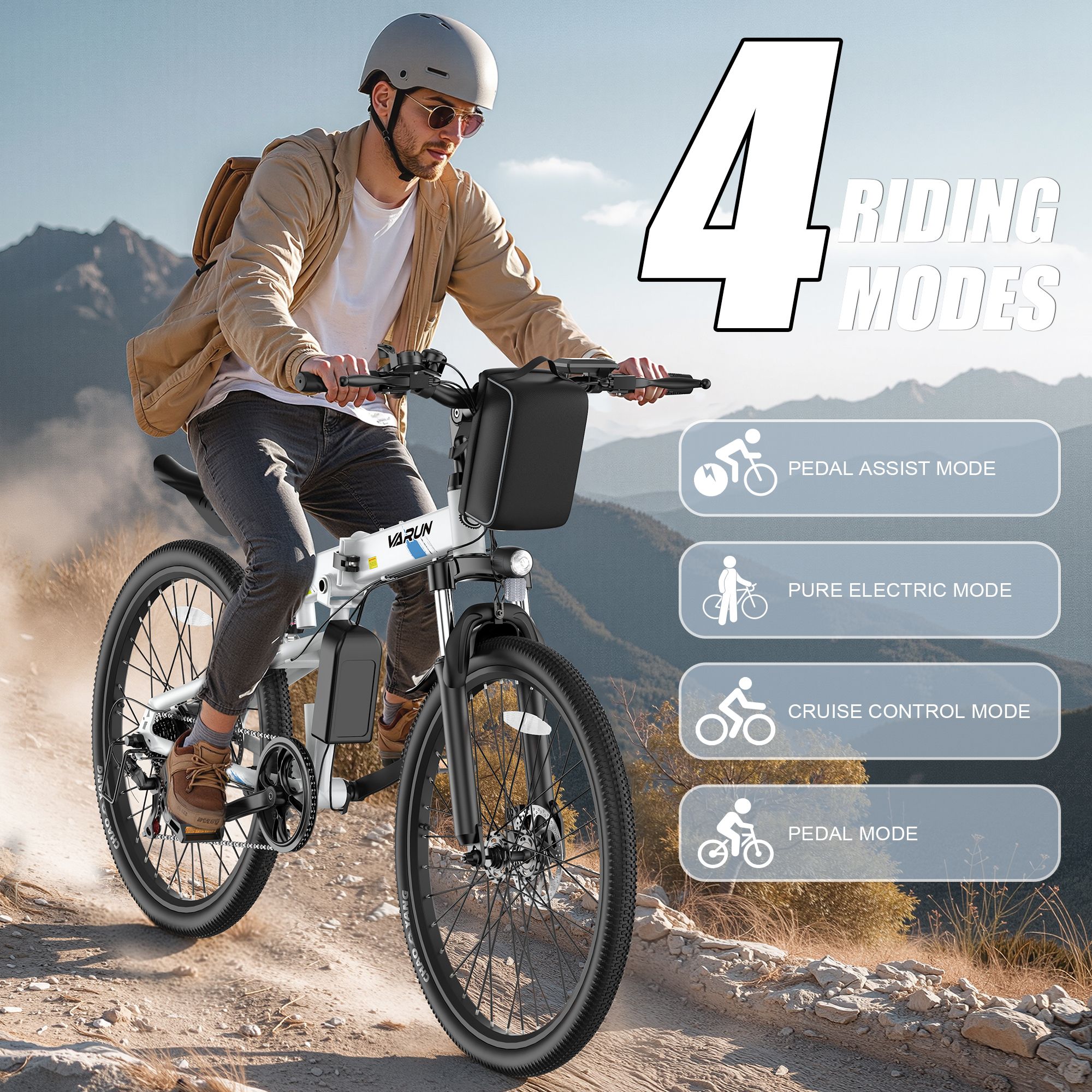 Person fährt E-Bike auf einem Feldweg. Vier Fahrmodi: Pedalunterstützung, reiner Elektro-, Tempomat- und Pedalmodus.