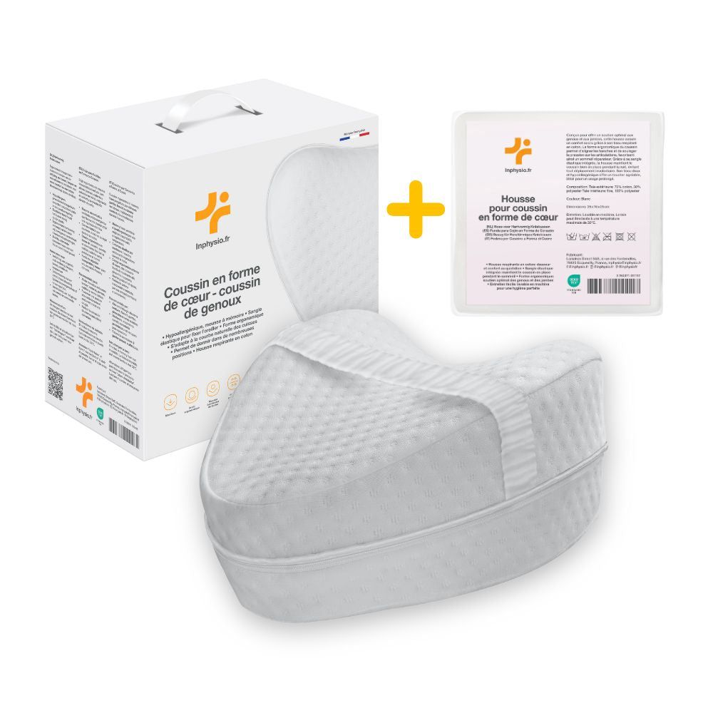 Ergonomisches Herzkissen-Set. Weißes Kissen, Kissenbezug und Verpackung. Text: inphysio.fr.