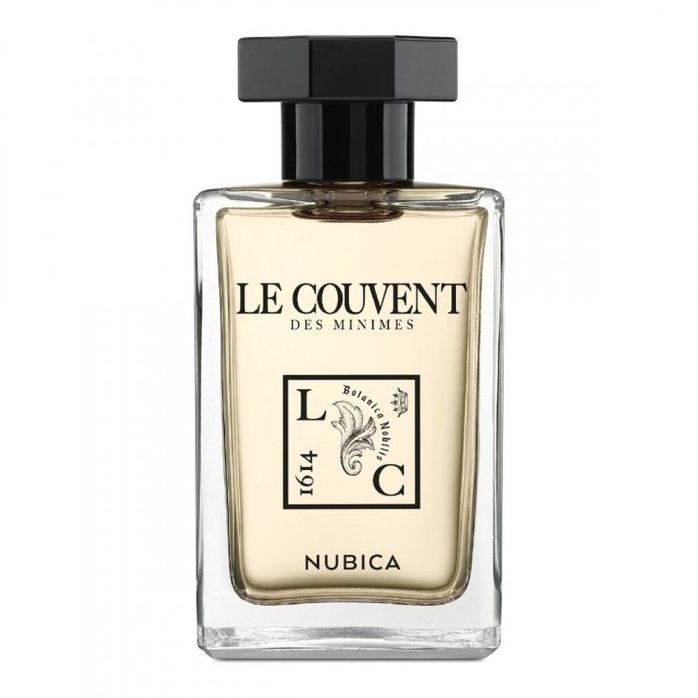 Parfümflasche mit quadratischem Design. Schwarzer Verschluss. Aufschrift: Le Couvent des Minimes, Nubica.