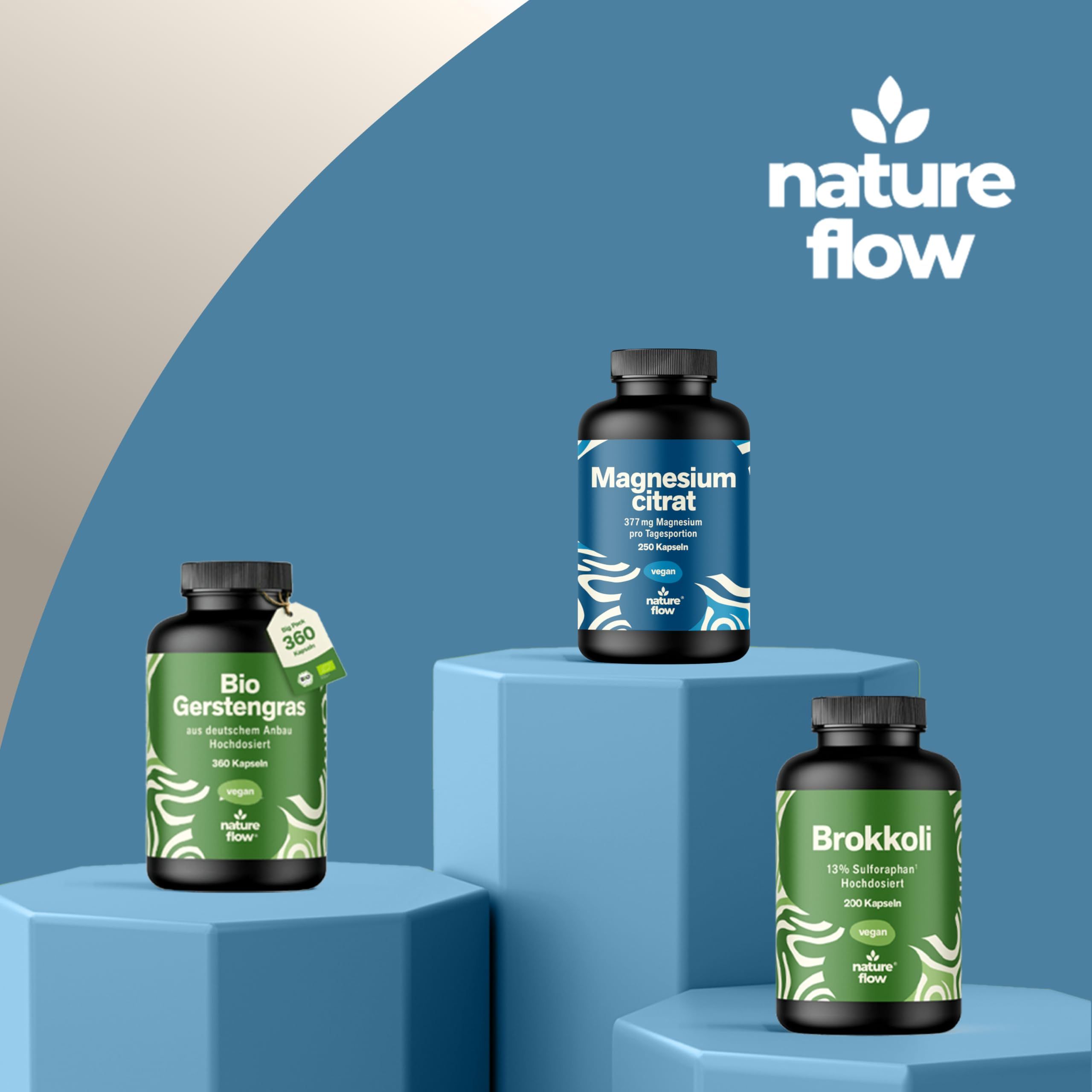 Drei Flaschen auf blauem Podest. Produkte: Magnesiumcitrat, Bio Gerstengras, Brokkoli. Logo: Nature Flow.