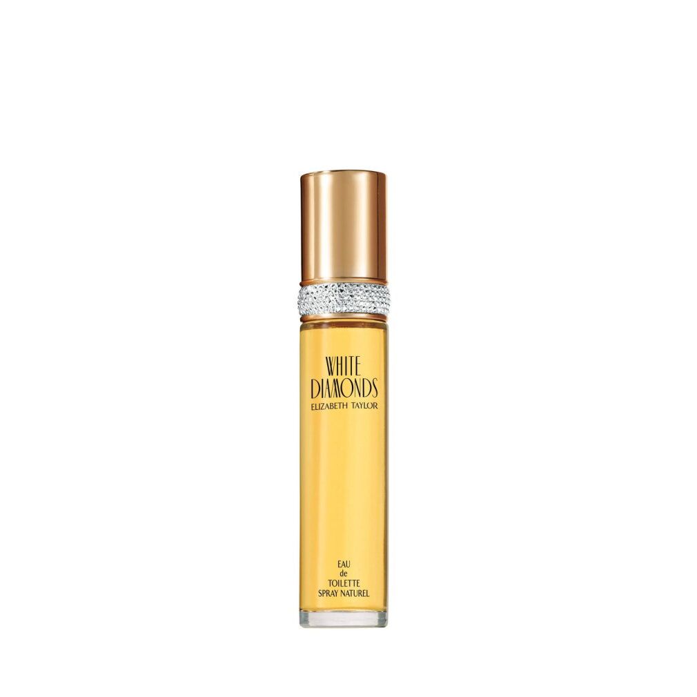 Elizabeth Taylor White Diamonds Eau de Toilette Spray. Goldener Verschluss, silberner Ring, gelbes Parfüm.