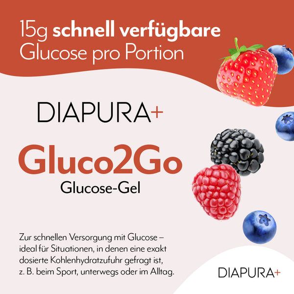 Text mit Glucose-Informationen und Früchten. DIAPURA+ Gluco2Go Glucose-Gel. Erdbeere, Himbeere, Brombeere und Blaubeeren.