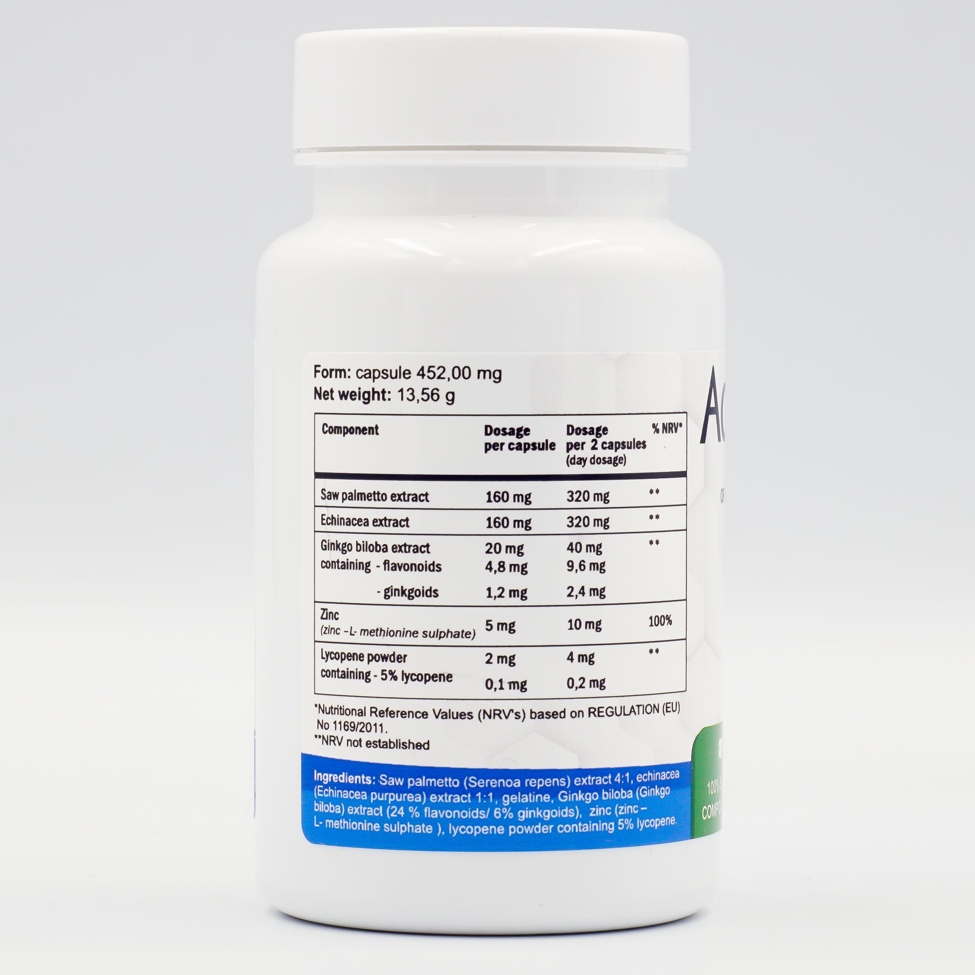Weiße Kapsel-Flasche mit Etikett. Enthält Inhaltsstoff-Tabelle. Text: Saw Palmetto, Echinacea, Ginkgo Biloba, Zink, L-Methionin.