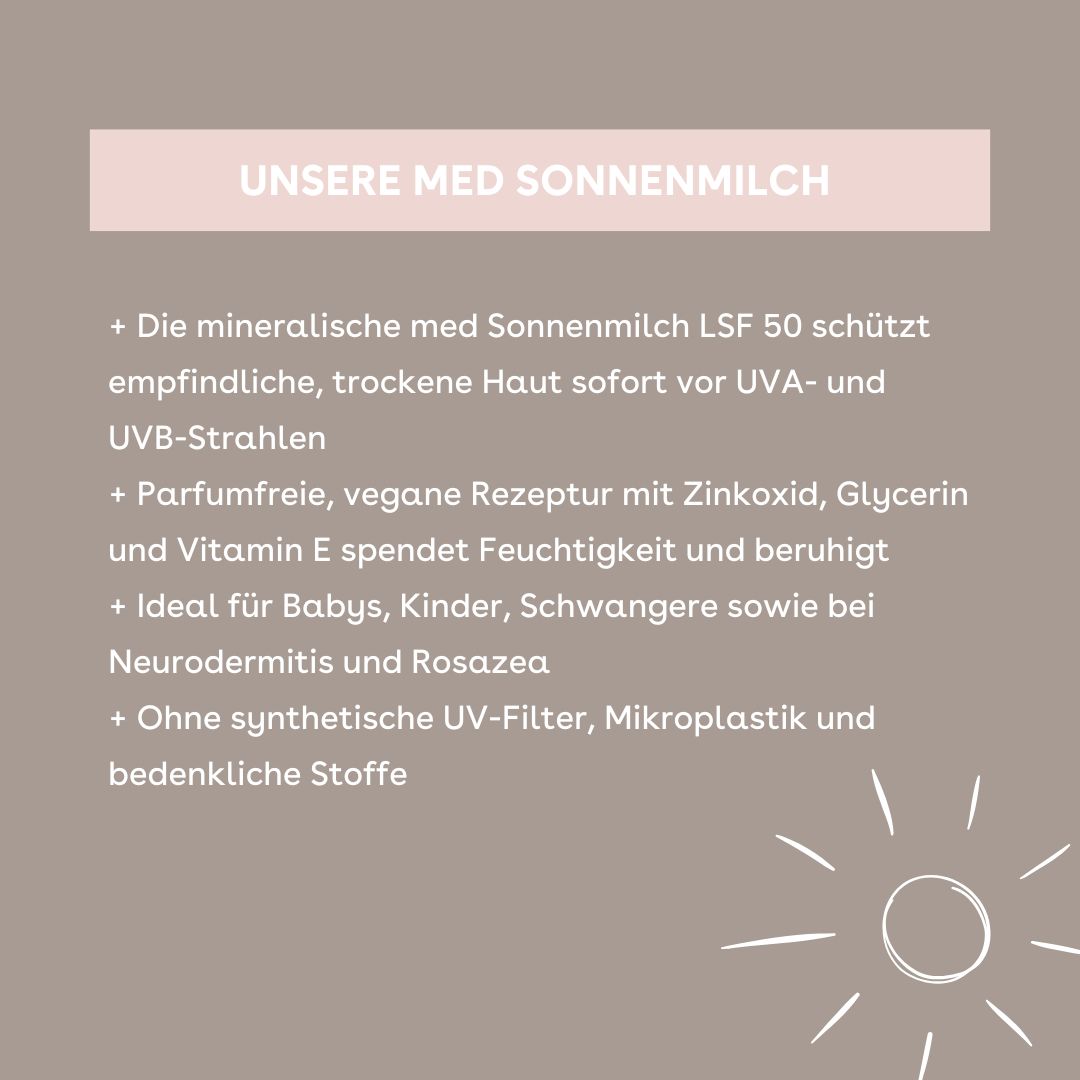 Text mit Produktinformationen: med Sonnenmilch LSF 50. Schützt empfindliche Haut vor UV-Strahlen. Vegan, ohne synthetische UV-Filter.