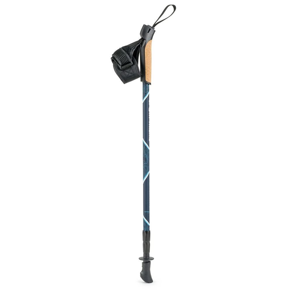 Nordic Walking Stock. Blau-weißes Design. Korkgriff, Handschlaufe. Schwarze Spitze. Einzelner Stock.