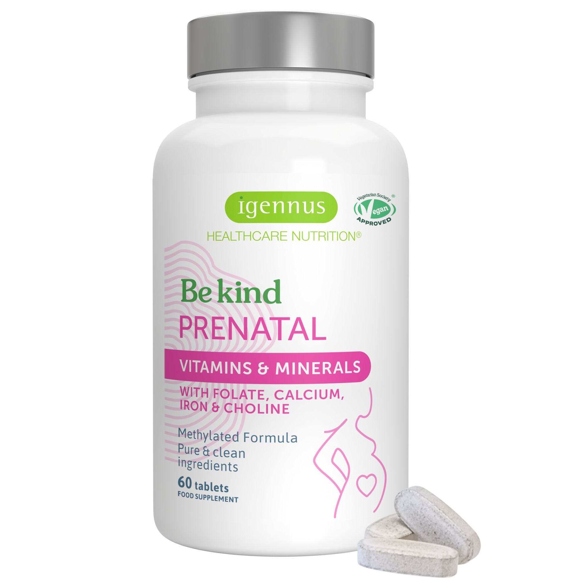 Flasche Igennus Be Kind Prenatal Vitamine & Mineralstoffe mit zwei Tabletten davor.