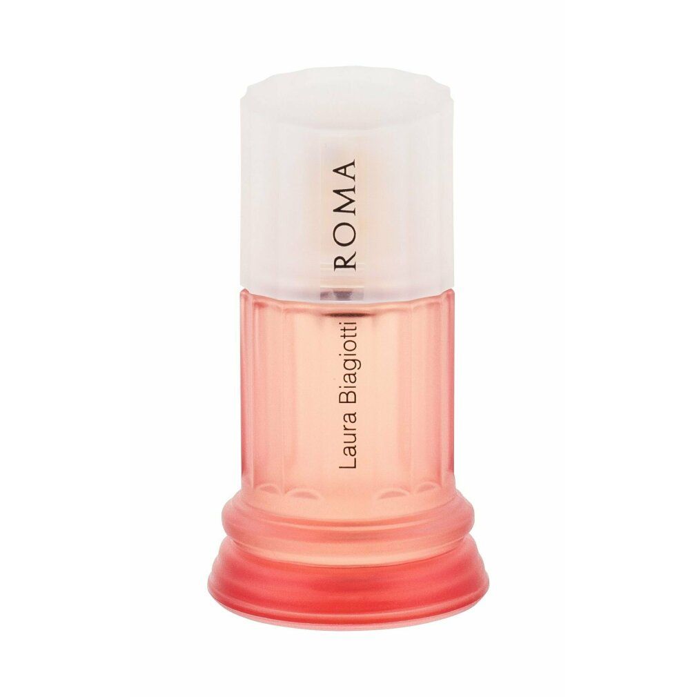 Rosa Eau de Toilette Flakon. Flakon mit Säulen-Design, weißer Verschluss. Schriftzug: Laura Biagiotti ROMA.