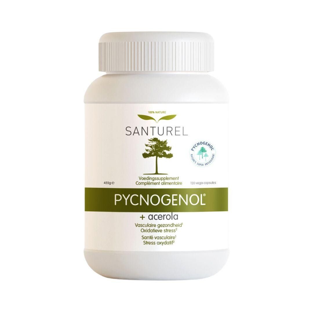 Weiße Flasche mit Santurel Pycnogenol® + Acerola. Aufschrift Pycnogenol® + Acerola. 120 Kapseln.