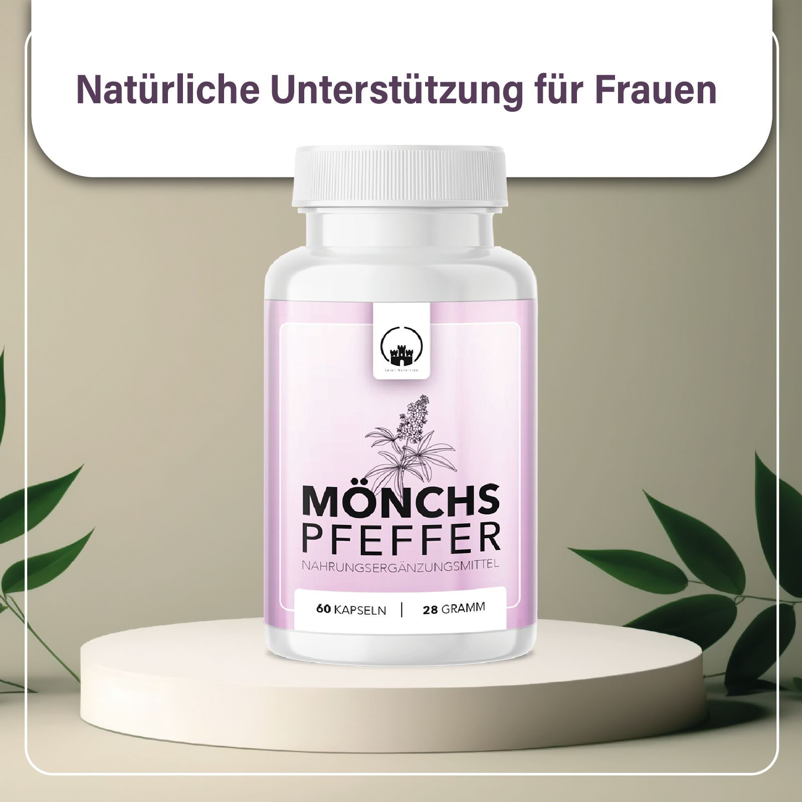 Weiße Flasche auf Podest. Lila Hintergrund mit Text: Natürliche Unterstützung für Frauen. Produktetikett sichtbar.