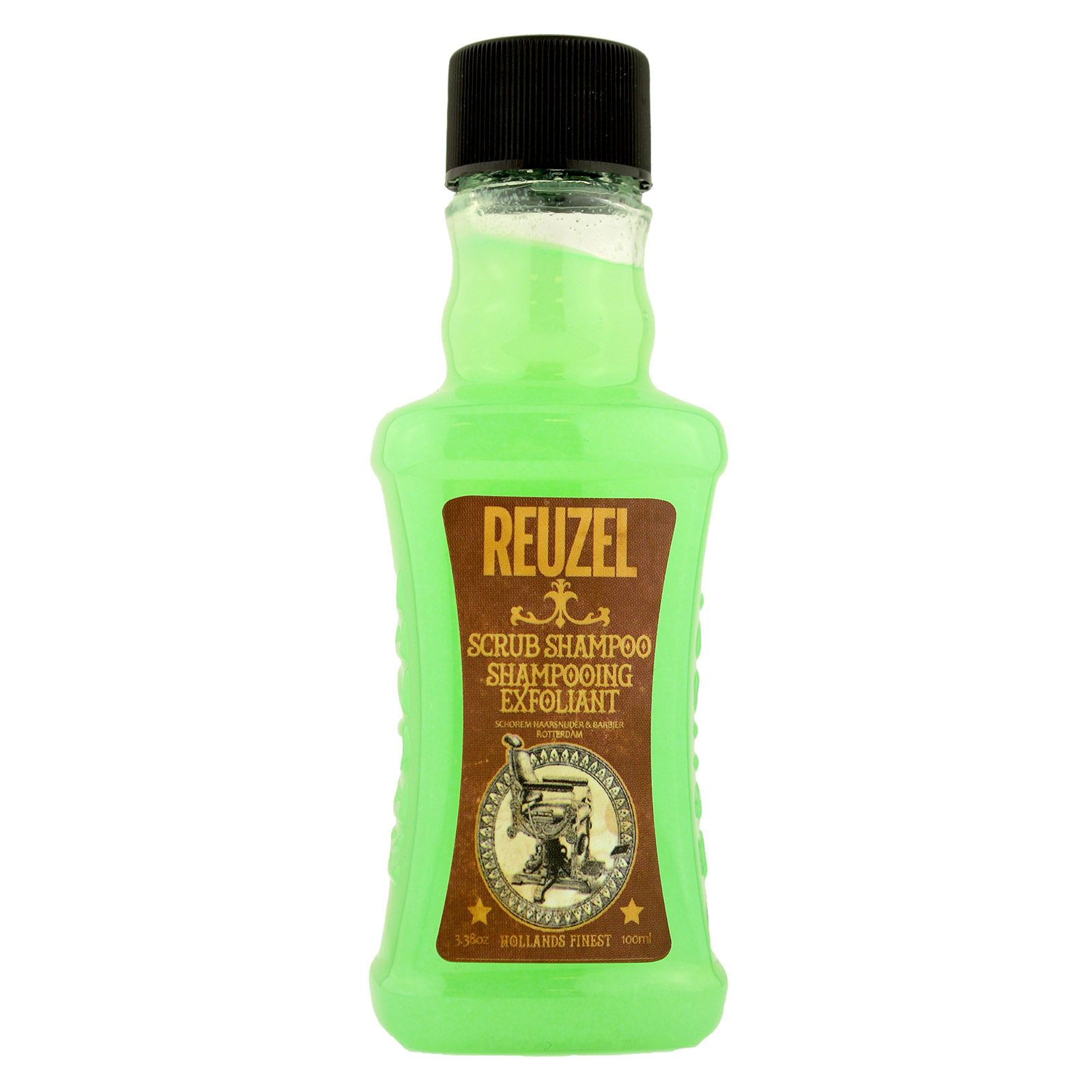 Reuzel Scrub Shampoo in einer grünen Flasche mit braunem Etikett.