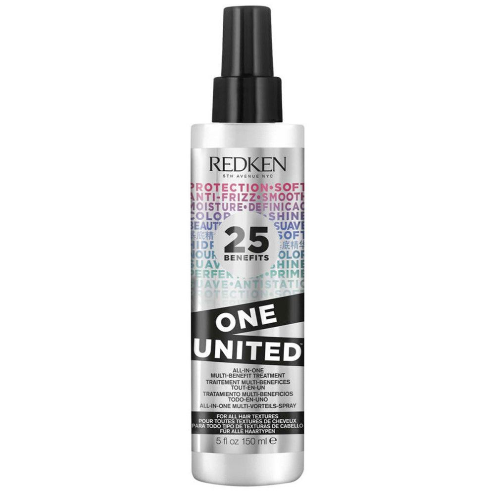 Redken One United, Sprühflasche. Silberne Flasche mit schwarzem Sprühkopf. Text mit 25 Vorteilen.