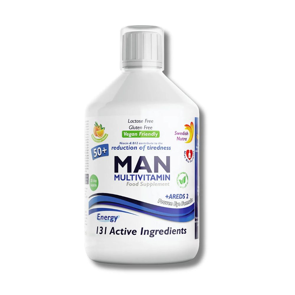 Weiße Flasche mit Aufschrift "MAN Multivitamin". Enthält 131 aktive Inhaltsstoffe. Vegan, laktose- und glutenfrei.