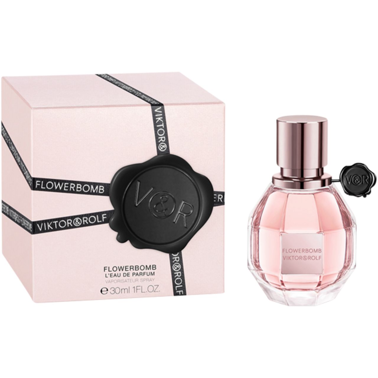 Flowerbomb-Parfümflakon von Viktor & Rolf und rosa Verpackung. Text: Flowerbomb L'Eau de Parfum, 30ml 1FL.OZ.