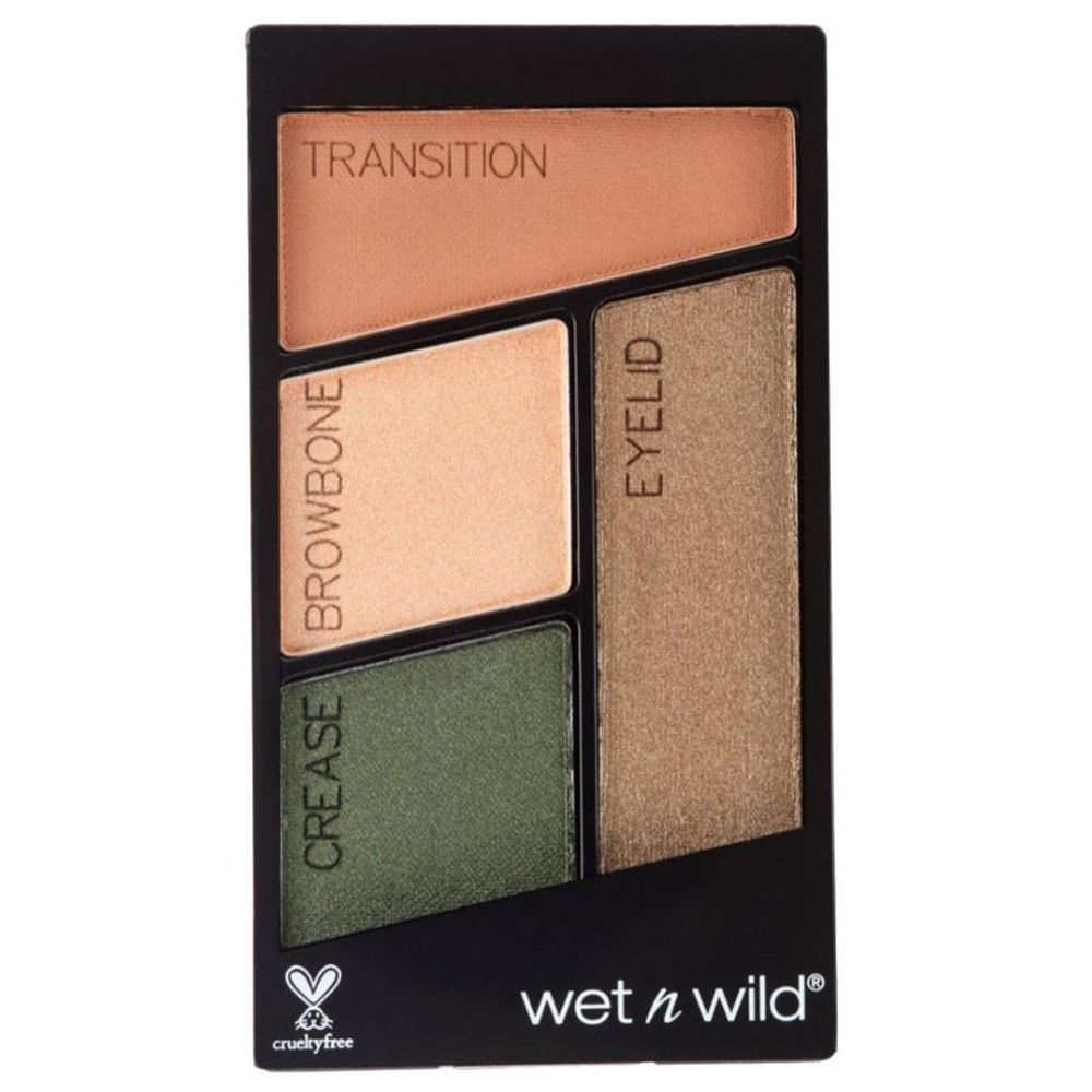 Lidschatten-Quad. Vier Farben: Transition, Browbone, Crease, Eyelid. Schwarze Verpackung. Cruelty-free-Logo.