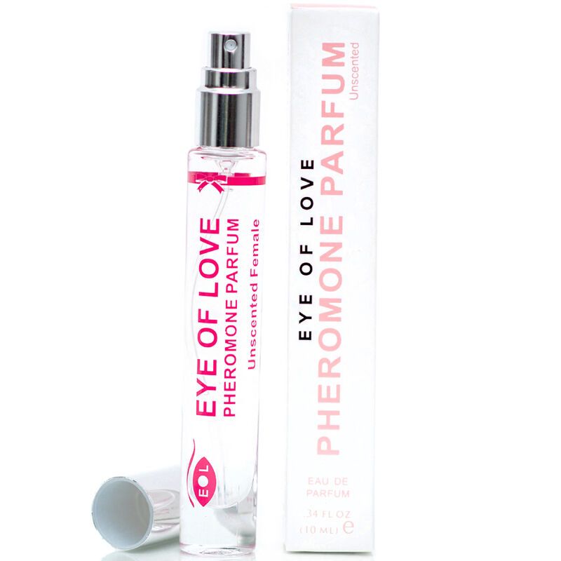 Parfumflakon und Verpackung. Aufschrift: EYE OF LOVE PHEROMONE PARFUM Unscented. Flakon mit Sprühkopf und Verschlusskappe.